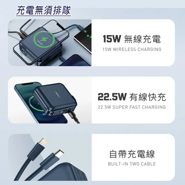 【GFive】GP-W10S 10000mAh 五合一 22.5W PD+QC 自帶線快充行動電源(無線充電/自帶線/手機支架)