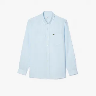 【LACOSTE】男裝-素色亞麻長袖襯衫(淺藍色)