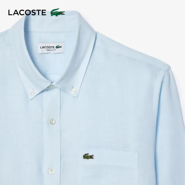 【LACOSTE】男裝-素色亞麻長袖襯衫(淺藍色)