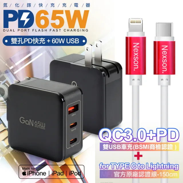 【CITYBOSS】65W 氮化鎵快充黑+NEXSON 蘋果認證 Type-C to Lightning-紅色(1A2C)