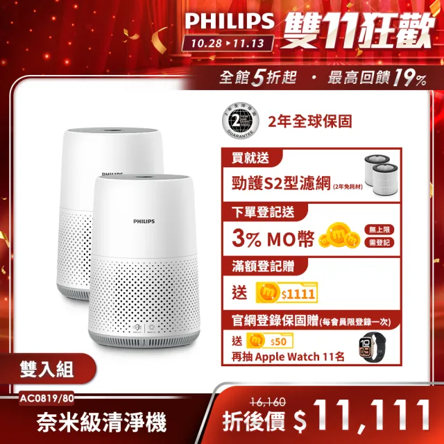 【Philips 飛利浦】奈米級空氣清淨機 雙入組(AC0819)