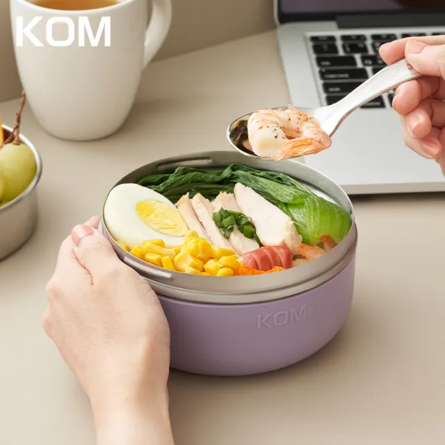 【KOM】一器盒成｜可微波不鏽鋼便當盒2入另贈便當袋+黏扣布(飯碗/湯碗/菜盤/湯匙/隔熱套)