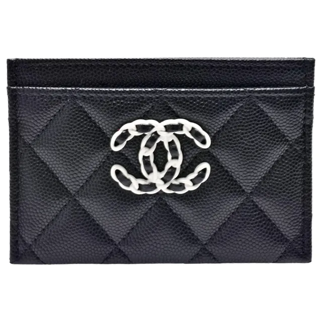 【CHANEL 香奈兒】經典白色雙C LOGO菱格粒紋牛皮萬用卡夾(黑色AP3719C-BLK-WHI)