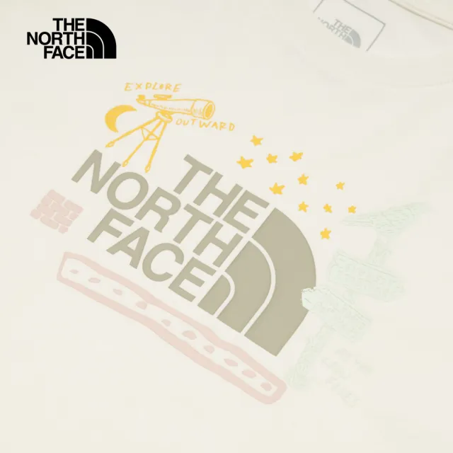 【The North Face】北面女款米白色純棉舒適透氣胸前趣味印花短袖T恤｜8ASMQLI