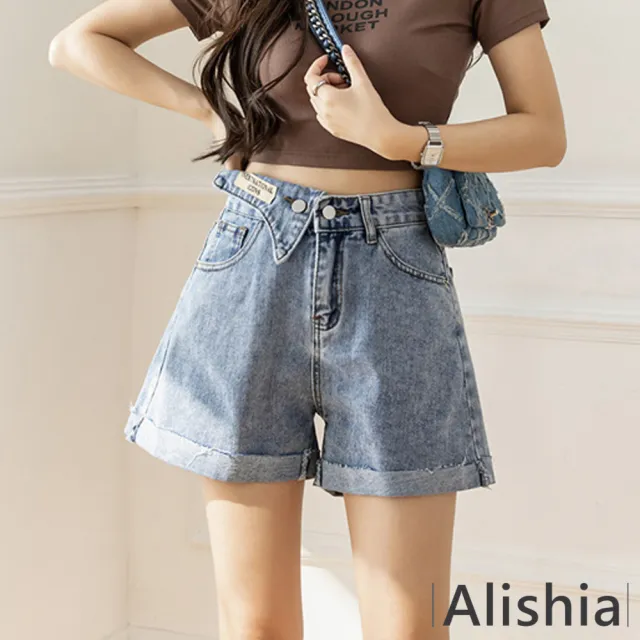 【Alishia】休閒薄款高腰捲邊闊腿牛仔短褲 S-2XL(藍色)