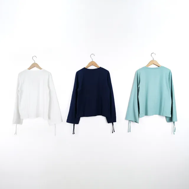 【MOSS CLUB】袖子抽繩造型長袖上衣(藍 白 綠/魅力商品)
