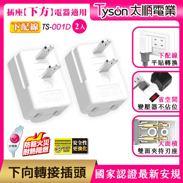 【Tyson 太順電業】TS-001D 下向平貼式安全轉接插頭(下配線-2入)
