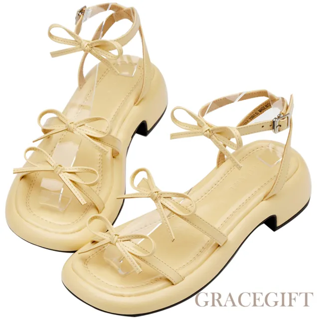 【Grace Gift】氣質細帶蝴蝶結繫踝中跟涼鞋(淺黃)