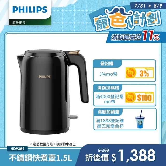 【Philips 飛利浦】1.5L 不鏽鋼快煮壺(HD9389/80)