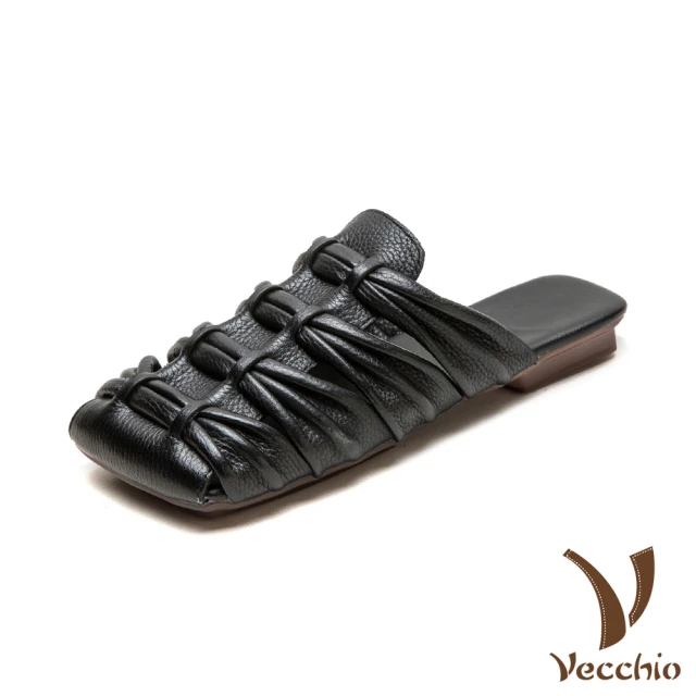 Vecchio 真皮拖鞋 低跟拖鞋 方頭拖鞋/真皮頭層牛皮復古方頭縷空編織舒適低跟拖鞋(黑)