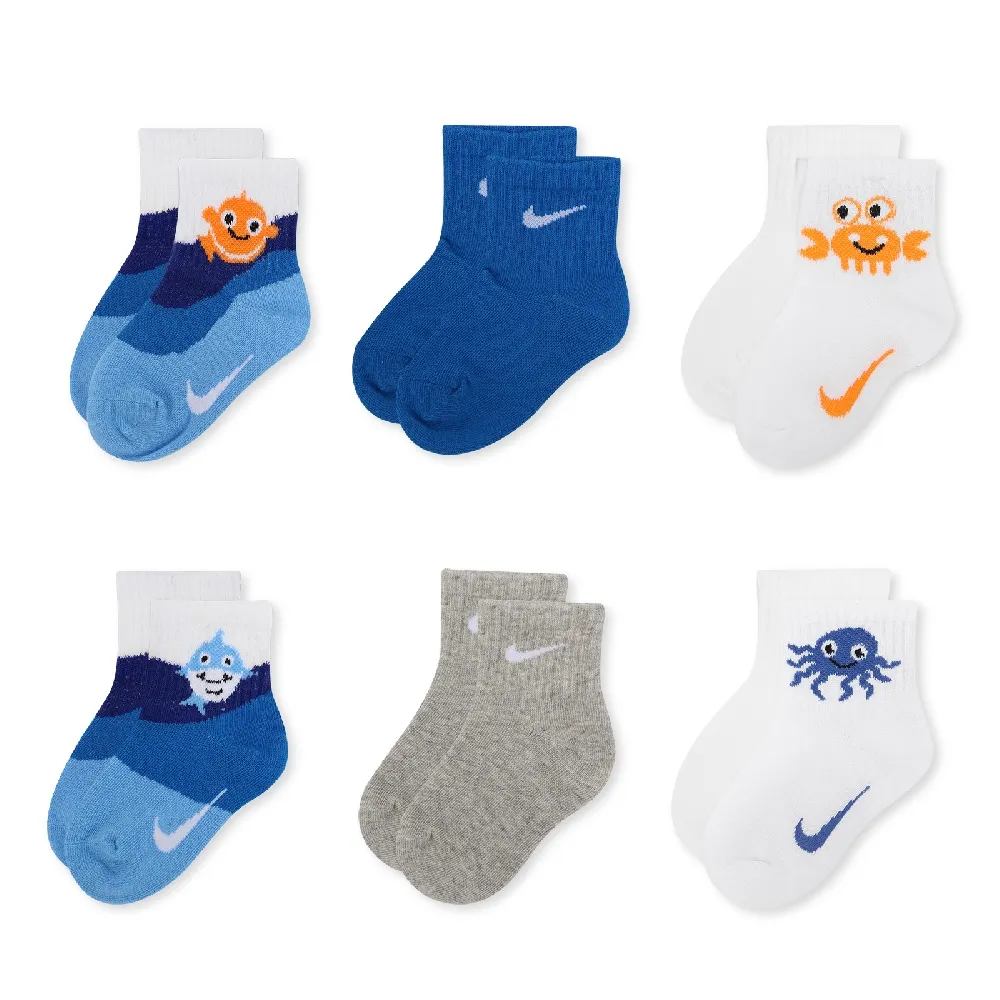 【NIKE 耐吉】襪子 Lightweight 童襪 藍 白 灰 寶寶襪 小童 小丑魚 鯊魚 螃蟹 章魚 6入裝(NY2323006TD-001)