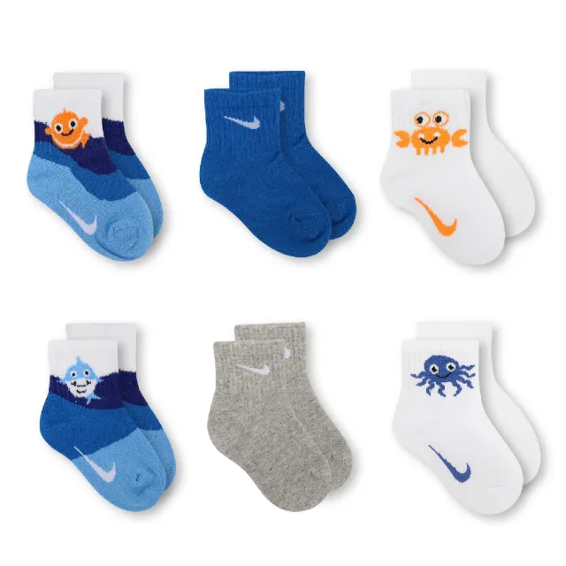 【NIKE 耐吉】襪子 Lightweight 童襪 藍 白 灰 寶寶襪 小童 小丑魚 鯊魚 螃蟹 章魚 6入裝(NY2323006TD-001)