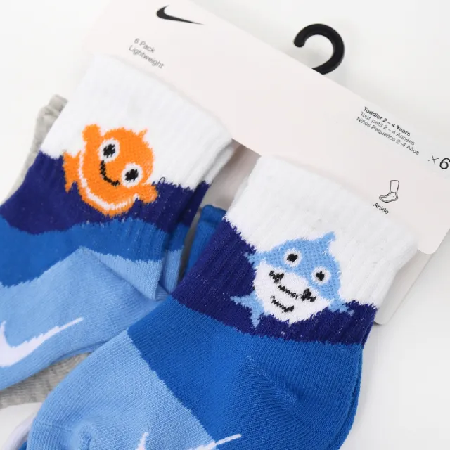 【NIKE 耐吉】襪子 Lightweight 童襪 藍 白 灰 寶寶襪 小童 小丑魚 鯊魚 螃蟹 章魚 6入裝(NY2323006TD-001)