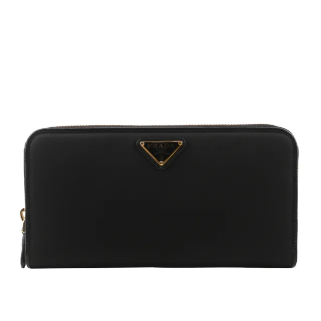 【PRADA 普拉達】金色三角牌Logo 尼龍ㄇ型拉鏈長夾(黑色)