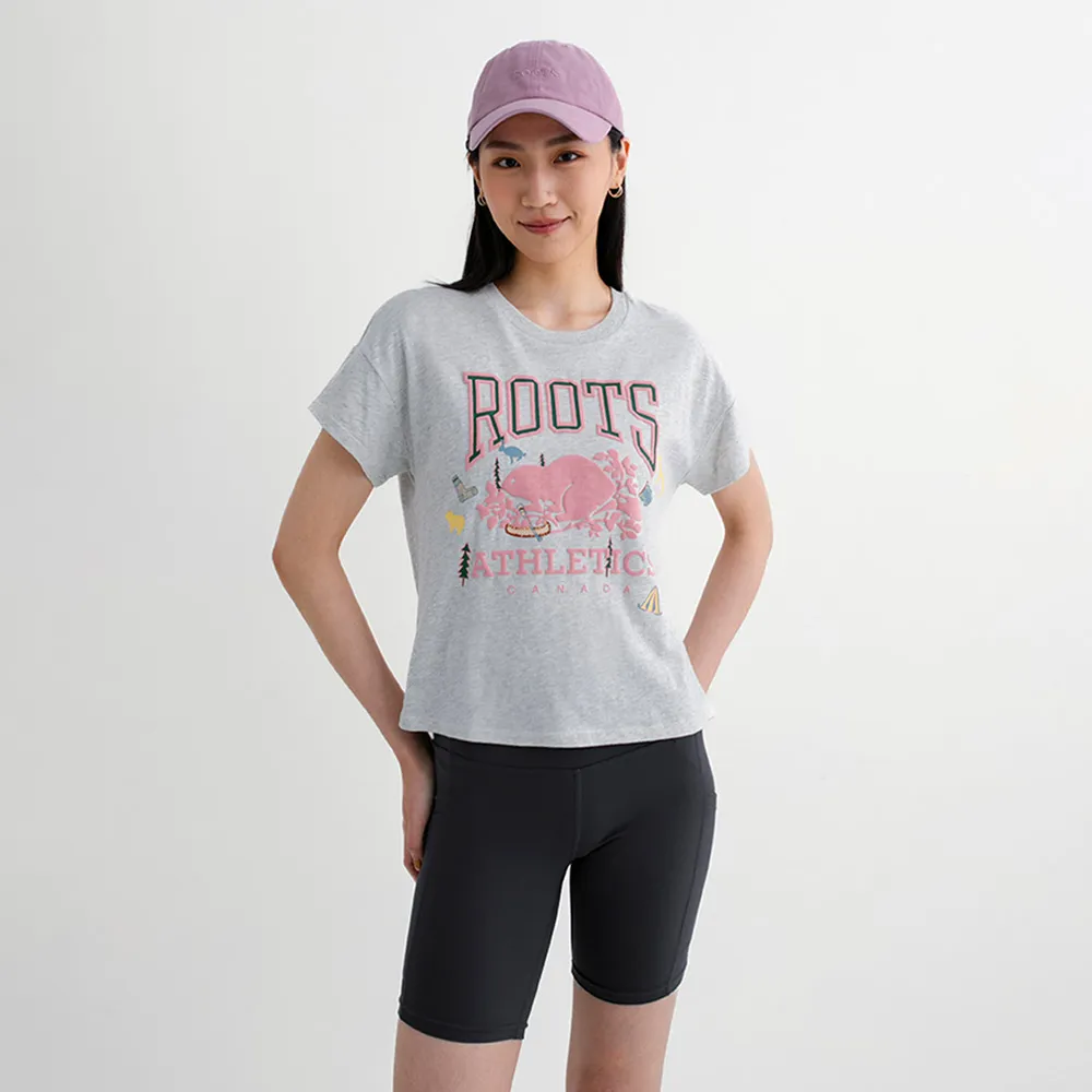 【Roots】Roots 女裝- RBA ANIMAL BOXY短袖T恤(白麻灰)