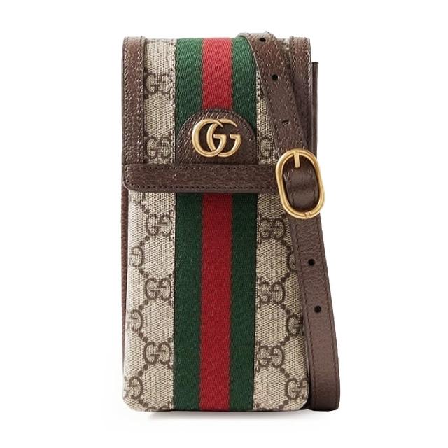 GUCCI古馳 746307 經典 Ophidia 系列雙色織帶復古 LOGO 迷你手機包斜揹包，採用高質感牛皮與帆布材質，融合復古設計與時尚風格，適合日常出勤與休閒場合，輕便實用，散發奢華氣息。