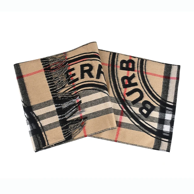 BURBERRY 巴寶莉 BURBERRY時尚英倫風格紋 LOGO 設計喀什米爾羊毛圍巾(經典米x黑)