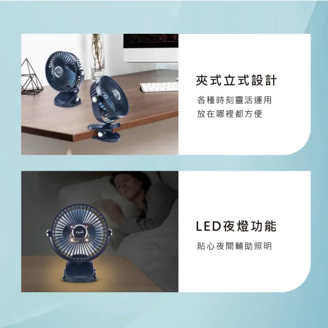 【E-books】5段風速360度旋轉充電夾式風扇(內建1200mAh鋰電池/可帶上飛機/嬰兒車/桌面)