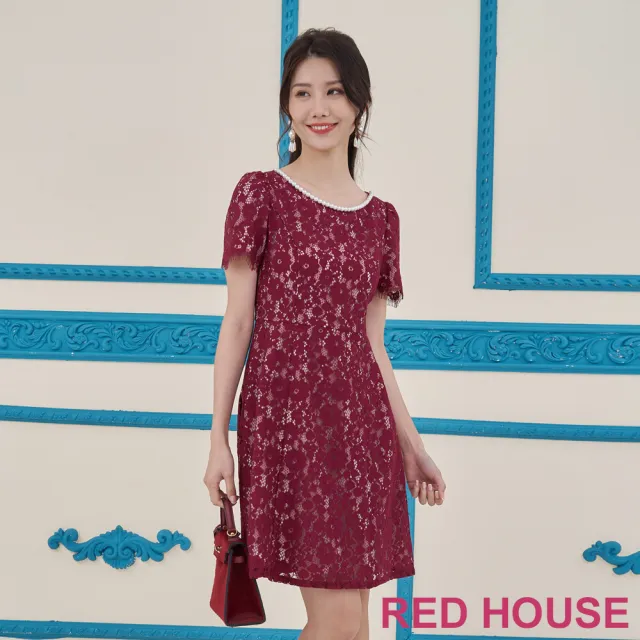 【RED HOUSE 蕾赫斯】氣質珍珠領花朵蕾絲洋裝(紅色)