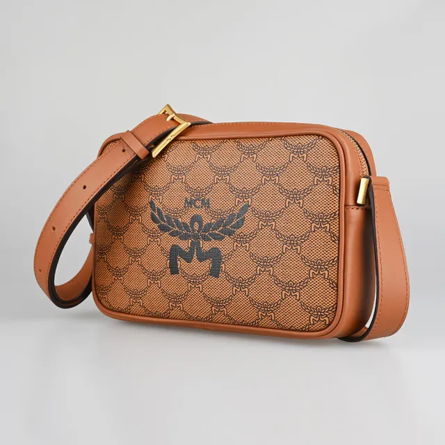 【MCM】MCM HIMMEL黑字LOGO Lauretos印花塗層帆布拉鍊斜背方包(棕)