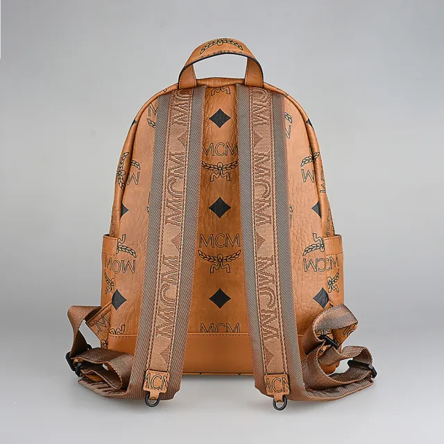 【MCM】MCM STARK MAXI VISETOS滿版印花LOGO小牛皮拉鍊後背包(小/棕)