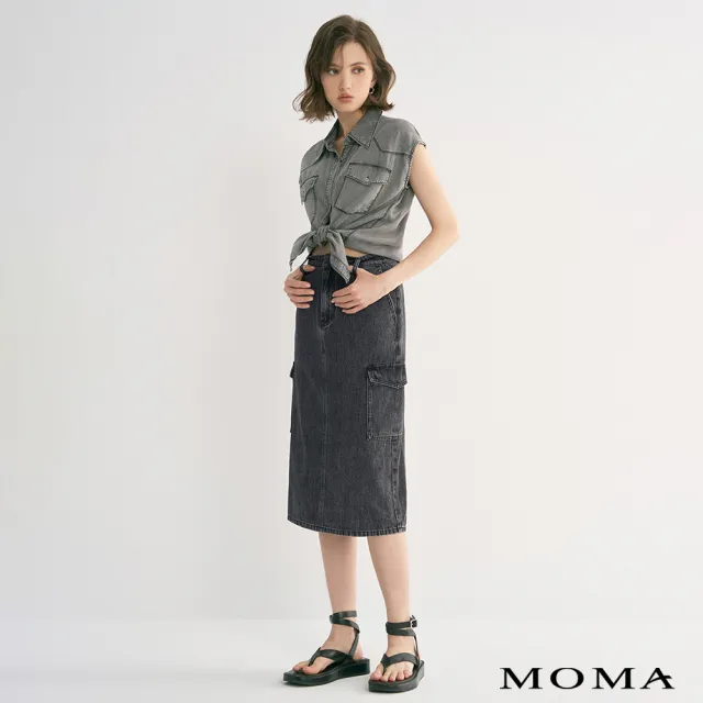 【MOMA】煙灰水洗牛仔工裝裙(黑色)