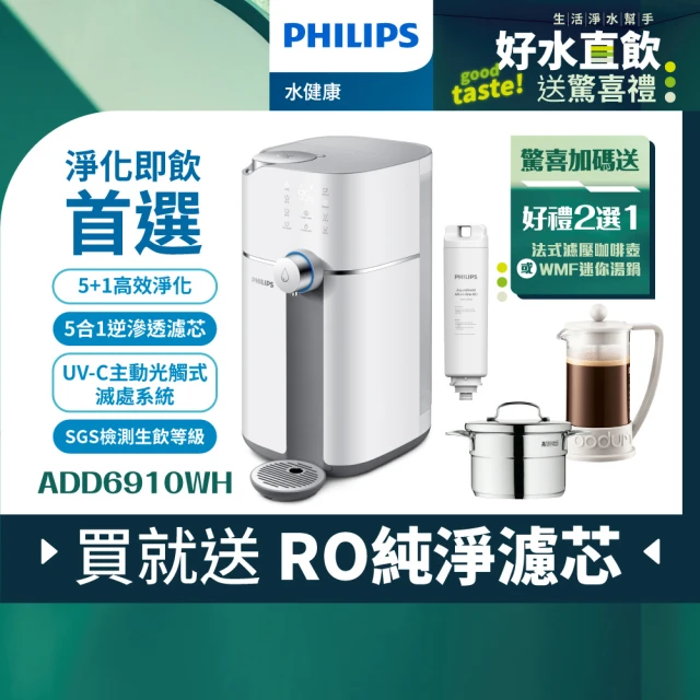 【Philips 飛利浦】新一代★智能雙效UV-C滅菌/RO過濾瞬熱淨水機(ADD6910)(主機內含濾心)+複合濾芯(ADD550)