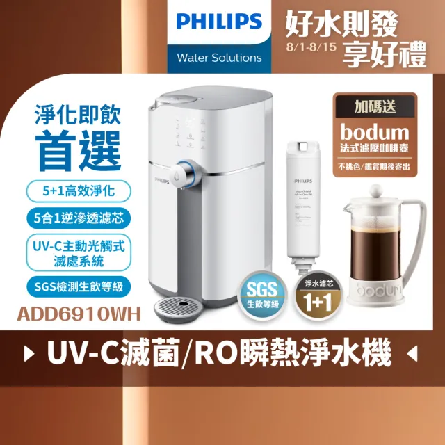 【Philips 飛利浦】新一代★智能雙效UV-C滅菌/RO過濾瞬熱淨水機(ADD6910)(主機內含濾心)+複合濾芯(ADD550)