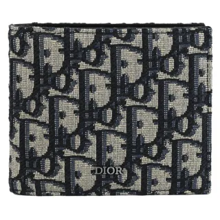 【Dior 迪奧】Oblique 經典品牌緹花布拼接雙層對折8卡短夾(深藍)