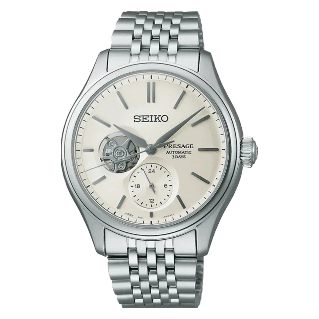 SEIKO 精工 SK037 紡織絲綢感不鏽鋼機械鏤空腕錶 40.2mm(6R5J-00C0S/SPB469J1)