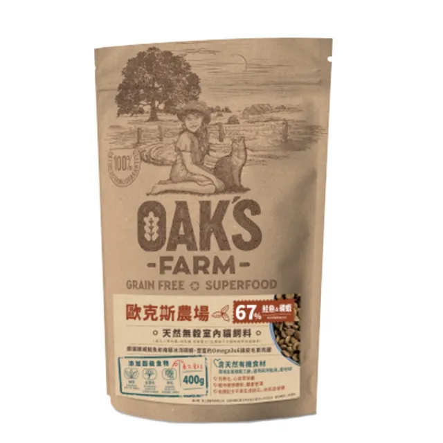 【OAKS FARM 歐克斯農場】天然無穀貓飼料 400g*4包組(貓飼料、貓乾糧、無穀貓糧)