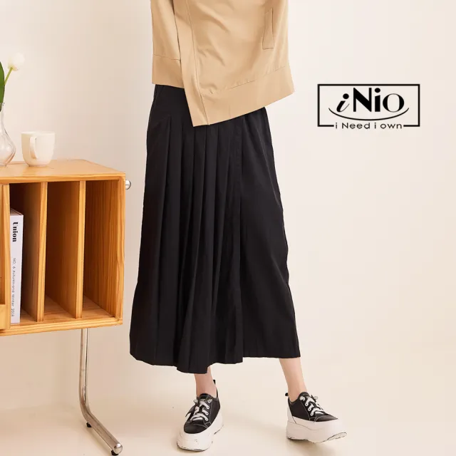 【iNio 衣著美學】寬褲裙 夏新品 現貨 假兩件 鬆緊腰 水洗棉 寬褲 百褶褲裙(CDW2093)