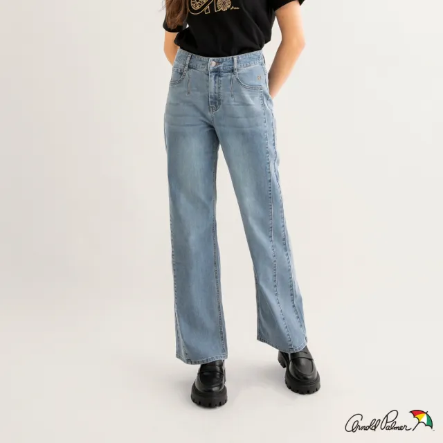【Arnold Palmer 雨傘】女裝-剪接造型彈性牛仔寬褲(藍色)