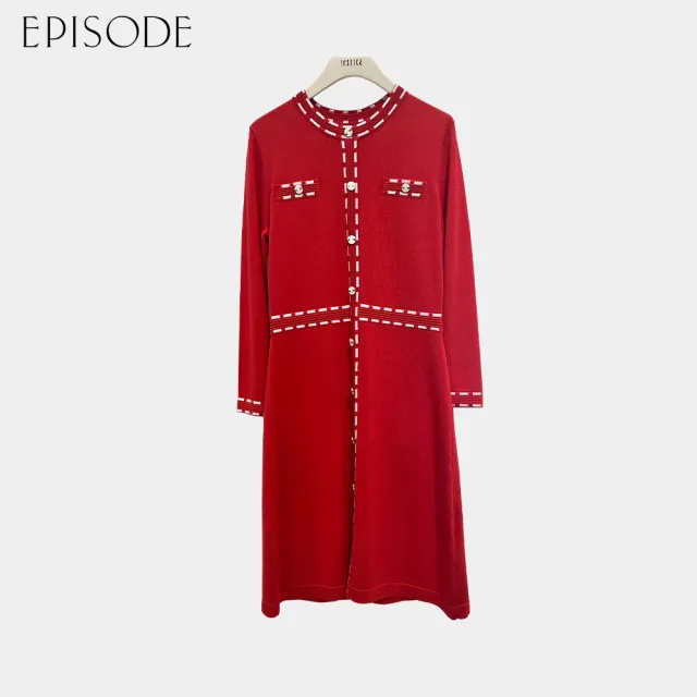 【EPISODE】法式優雅精緻修身滾邊針織長袖洋裝142715(紅)