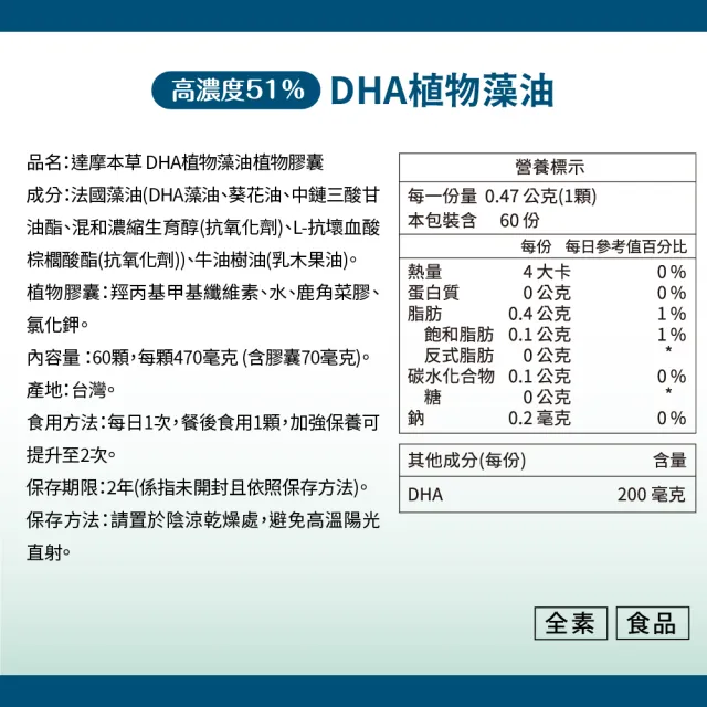 【達摩本草】法國51%DHA植物藻油 6入組(60顆/盒）（共360顆)