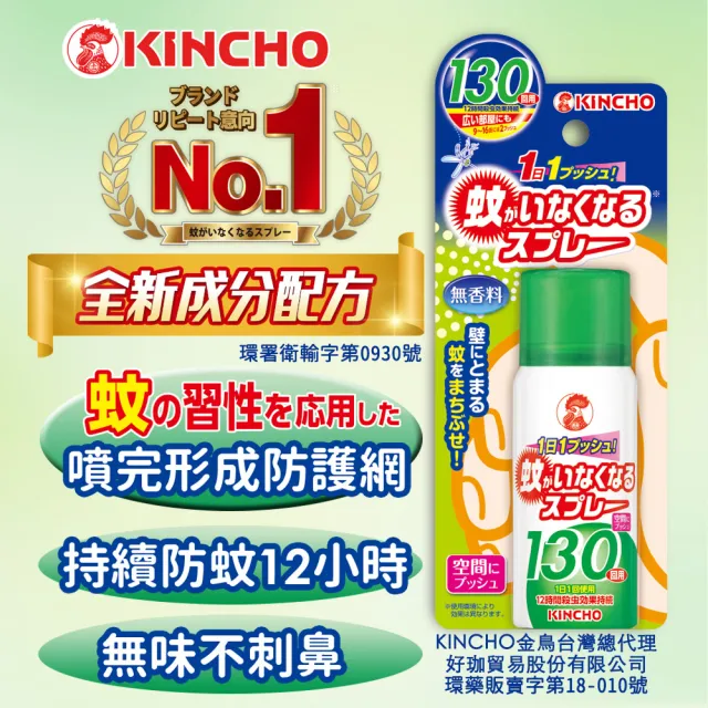 【KINCHO 日本金鳥】噴一下空間防蚊噴霧劑.兩入組(130回.小黑蚊、蒼蠅、蚊子有效)