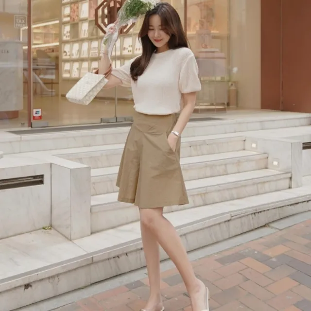 【baibeauty 白鳥麗子】簡約素色口袋後鬆緊高腰A字褲裙(韓國製)