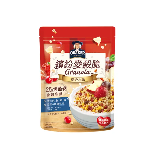 【QUAKER 桂格】繽紛麥穀脆水果早餐麥片300g-四種口味任選3入組(草莓櫻桃/黃金堅果/可可香蕉/綜合水果)