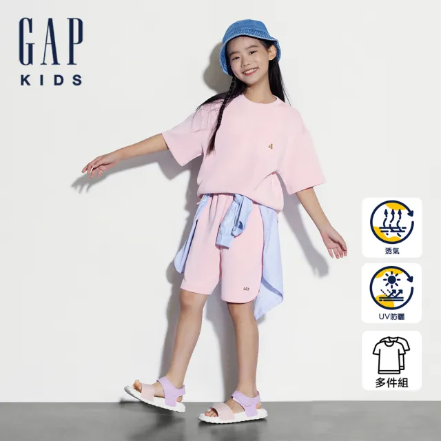 【GAP】兒童裝 Logo小熊刺繡防曬圓領短袖短褲家居套裝-粉色(560354)