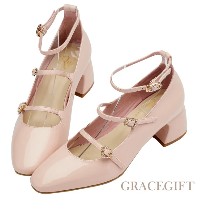 【Grace Gift】小貓聯名-復古女伶全真皮水鑽細帶中跟瑪莉珍鞋(粉漆)