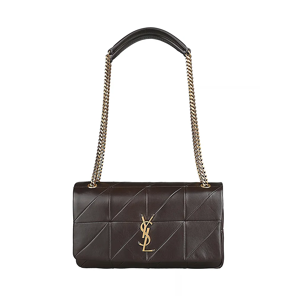 【YSL】YSL SAINT LAURENT JAMIE立體金屬字母 LOGO 絎縫設計小羊皮扣式金鏈帶側背/斜背包(中型/深棕)