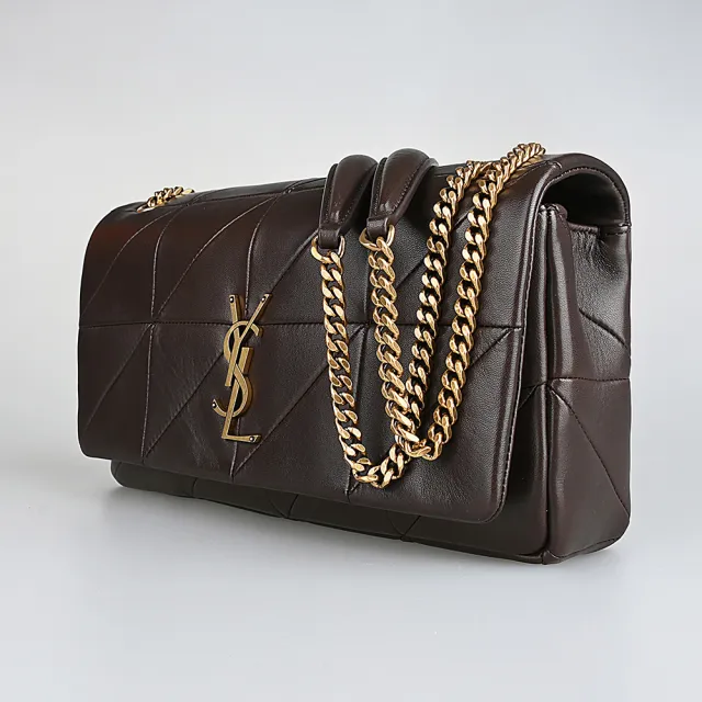 【YSL】YSL SAINT LAURENT JAMIE立體金屬字母 LOGO 絎縫設計小羊皮扣式金鏈帶側背/斜背包(中型/深棕)