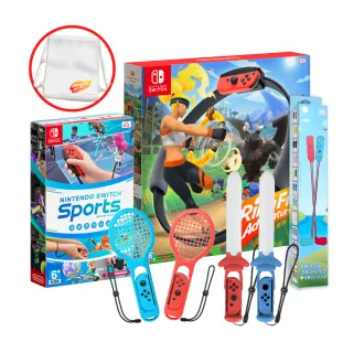 【Nintendo 任天堂】Nintendo Switch 運動+健身環大冒險+運動配件組(支援中文-附束口袋)
