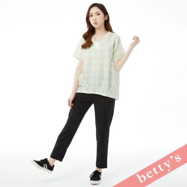 【betty’s 貝蒂思】假兩件格紋V領壓摺上衣(淺綠)