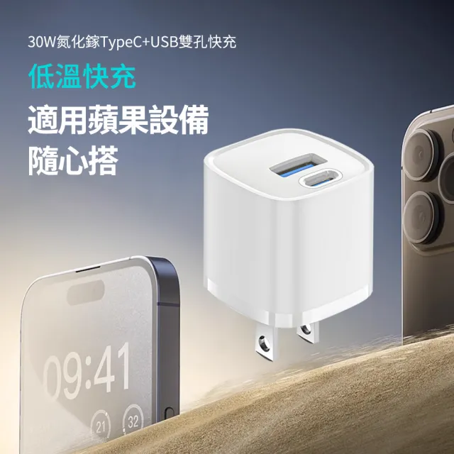 【OMG】30W氮化鎵充電器 GaN快充頭 QC+PD雙孔充電器(iphone16/15快充豆腐頭)