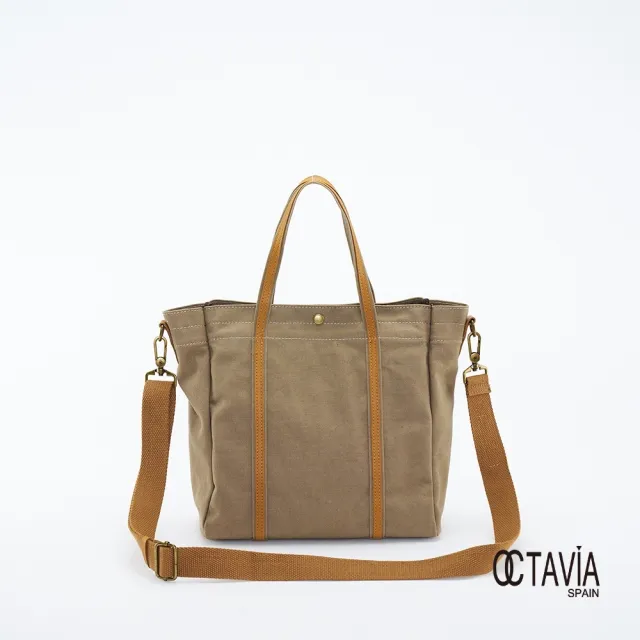 【OCTAVIA 8】雙11 OCTAVIA 8 - 小哆啦 牛皮口袋 厚磅基本款手提肩背帆布包 - 拉拉卡其