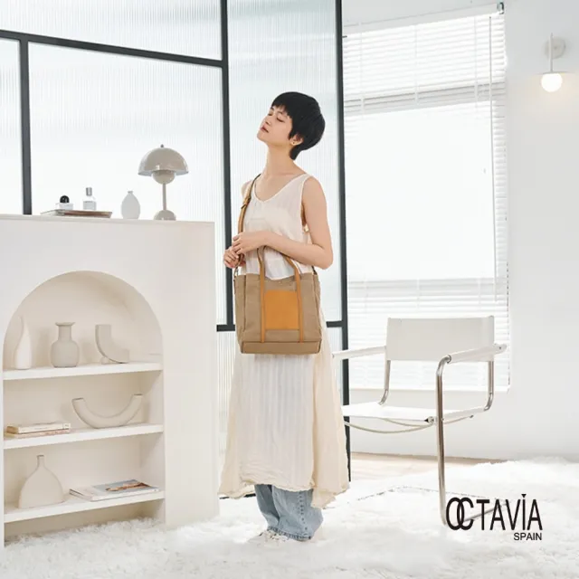【OCTAVIA 8】雙11 OCTAVIA 8 - 小哆啦 牛皮口袋 厚磅基本款手提肩背帆布包 - 拉拉卡其