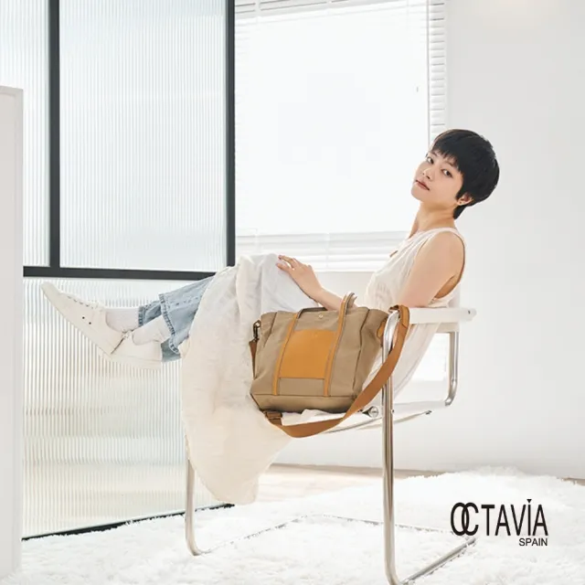 【OCTAVIA 8】雙11 OCTAVIA 8 - 小哆啦 牛皮口袋 厚磅基本款手提肩背帆布包 - 拉拉卡其