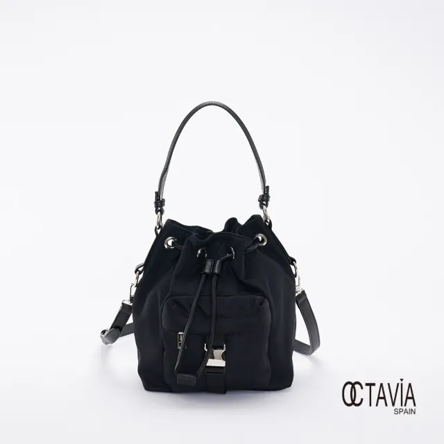 【OCTAVIA 8】OCTAVIA 8 真皮 - 大人空氣感 尼龍束口肩斜二用水桶包 -舒壓黑