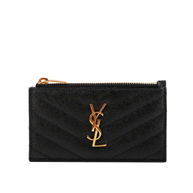 【YSL】山形紋荔枝皮金字Logo拉鍊卡片/零錢夾(黑色)